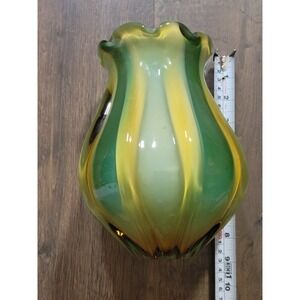 Vintage Art Glass Vase Swirl Green Yellow Iridescent Fluted Top Bud murano style